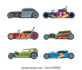 American Hot Rod Car with Large Engine and Tubes for Speed and Acceleration Vector Set