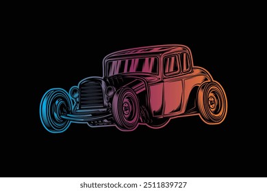 American hot rod. Classical model. Original vector illustration in vintage style. T-shirt design. Hand drawn, not AI