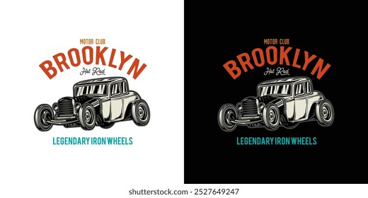 American hot rod. Classical model. Original vector illustration in vintage style. T-shirt design. Hand drawn, not AI