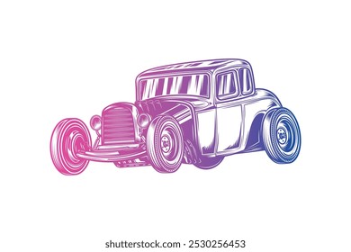 American hot rod. Classical model. Original vector illustration in vintage style isolated on white background. T-shirt design. Hand drawn, not AI