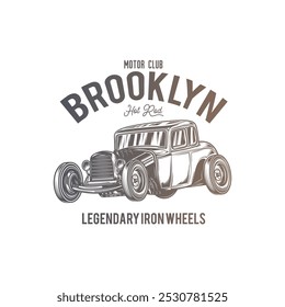 American hot rod. Classical model. Original vector illustration in vintage style isolated on white background. T-shirt design. Hand drawn, not AI