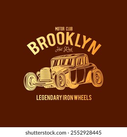 American hot rod. Classical model. Original vector illustration in vintage style isolated on red background. T-shirt design. Hand drawn, not AI