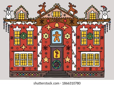 The American house is decorated with Christmas toys, decorations, reindeer, snowmen for Christmas and New Year. Hand drawn illustration. Doodle style.