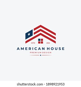 American House Logo Vector, United States Flag Design, Home Illustration Concept, Minimalist USA Symbol