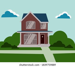 American house in a residential area.Cozy home for a family with a lawn. American dream