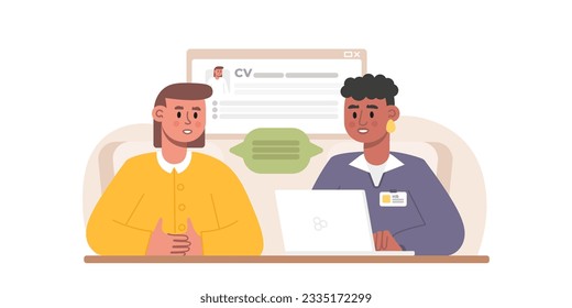 RHH estadounidense trabajando en laptop, hablando con la señora y hablando de CV. Entrevista laboral. Proceso de aprobación de cuestionarios, discusión de tareas. Labor del departamento de recursos humanos. Vector plano