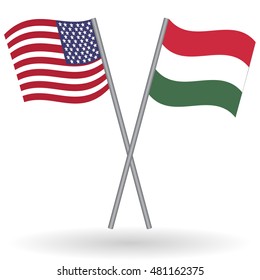 American and Hungarian crossed flags. United States of America combined with Hungary isolated on white. Language learning, international business or travel concept.