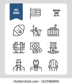 American icon set 1. Include USA flag, rugby ball, freedom monument and more. Outline icons Design. vector