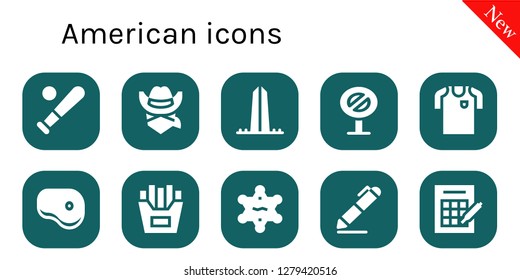  american icon set. 10 filled american icons. Simple modern icons about  - Baseball, Cowboy, Washington, Sign, Football jersey, Steak, French fries, Sheriff, Signing, Bingo