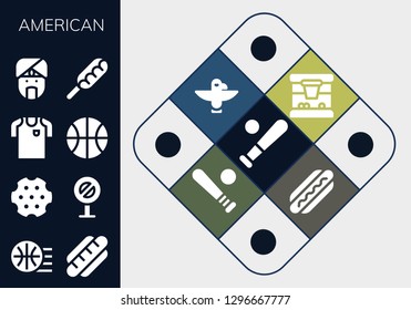  american icon set. 13 filled american icons. Simple modern icons about  - Baseball, Basketball, Hot dog, Revolver, Sign, Football jersey, Indian, Totem