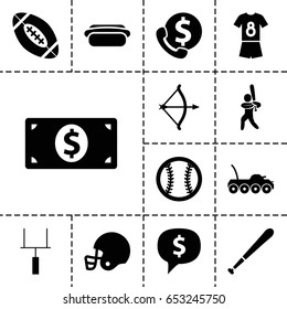 American icon. set of 13 filled americanicons such as hot dog, baseball player, goal post, football uniform, baseball, baseball bat, american football