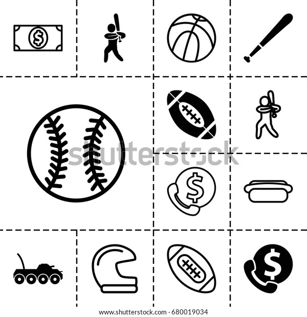 American icon. set of\
13 filled and outline american icons such as baseball player,\
baseball bat, american football, military car, hot dog, money\
dollar, baseball,\
basketball