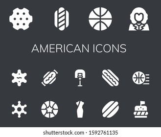american icon set. 14 filled american icons. Included Revolver, Hot dog, Basketball, George washington, Sheriff, Cheongsam, Hotdog, Burger icons