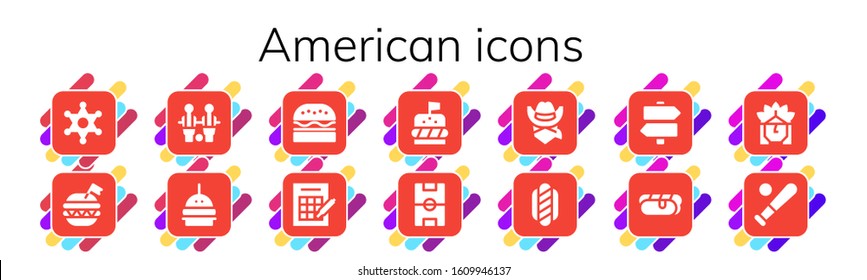 American Icon Set. 14 Filled American Icons.  Simple Modern Icons Such As: Sheriff, Burger, Table Football, Bingo, Football Field, Cowboy, Hot Dog, Signs, Indian, Baseball