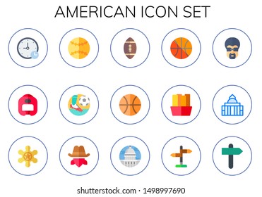 american icon set. 15 flat american icons.  Collection Of - signs, boxing helmet, baseball, football, american football, basketball, fries, afro, white house, sheriff, cowboy