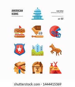 American icon set 2. Include Landmark, Red Indian, food and more. Flat icons Design. vector