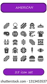 american icon set. 25 filled american icons.  Collection Of - Hot dog, Cowboy, George washington, White house, Steak, Basketball, Revolver, Football jersey, Table football, Indian