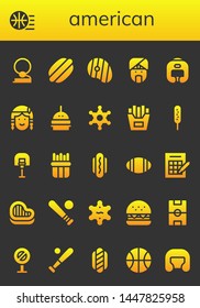 american icon set. 26 filled american icons.  Collection Of - Cowboy, Basketball, Hot dog, Steak, Indian, Boxing helmet, Native american, Burger, Sheriff, French fries, Corndog