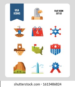 American icon set 3. Include Eagle sign, USA map, Landscape and more. Flat icons Design. vector