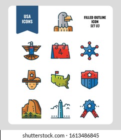 American icon set 3. Include Eagle sign, USA map, Landscape and more. Filled Outline icons Design. vector