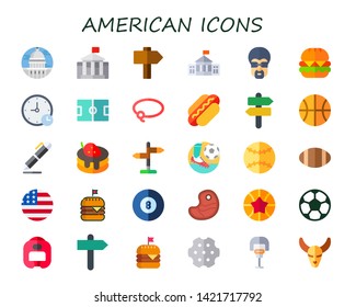 american icon set. 30 flat american icons.  Simple modern icons about  - capitol, white house, sign, afro, burger, signs, football field, lasso, hot dog, basketball, signing, pancake