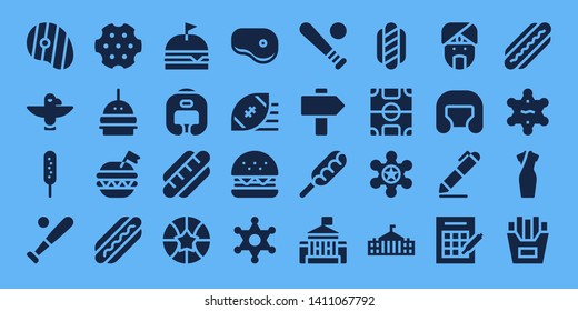 american icon set. 32 filled american icons. on blue background style Simple modern icons about  - Steak, Totem, Corndog, Baseball, Revolver, Burger, Hot dog, Boxing helmet, Basketball