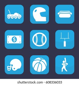 American icon. set of 9 filled american icons such as hot dog, baseball player, goal post, baseball, american football helmet, money dollar, military car, helmet