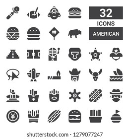 american icon set. Collection of 32 filled american icons included Hamburguer, Fries, Burger, Hotdog, French fries, Yen, Cowboy, Hot dog, Sheriff, Columbia, Headdress, Bull skull