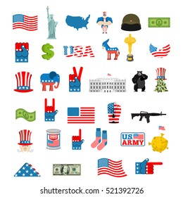 American Icon Set. National Sign Of America. USA Flag And Statue Of Liberty. White House And Dollar. Map Of United States. Uncle Sam And Moon. Elephant And Donkey. Eagle And Baribal Bearl. Symbol US