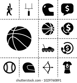 American Icons. Set Of 13 Editable Filled American Icons Such As Helmet, Bank Support, Baseball Player, Goal Post, Football Uniform, Baseball, Basketball, Bow, Military Car