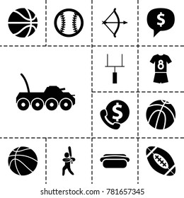 American icons. set of 13 editable filled american icons such as basketball, dollar sign in cloud, bank support, hot dog, baseball player, goal post, football uniform
