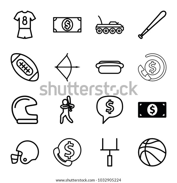 American icons. set of 16\
editable outline american icons such as money dollar, helmet,\
dollar sign in cloud, bank support, hot dog, baseball player, goal\
post