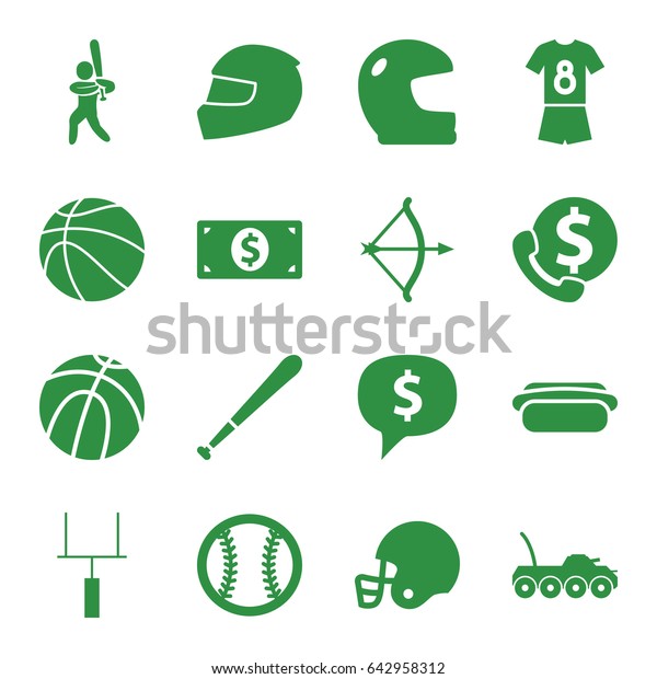 American icons set. set of 16\
american filled icons such as hot dog, baseball player, goal post,\
helmet, football uniform, baseball, baseball bat,\
basketball