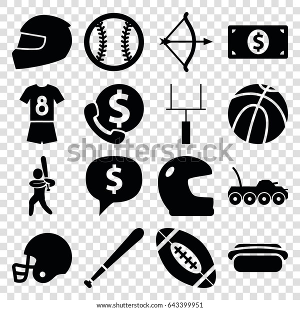 American icons set. set\
of 16 american filled icons such as hot dog, baseball player, goal\
post, helmet, football uniform, baseball, baseball bat, money\
dollar, bow