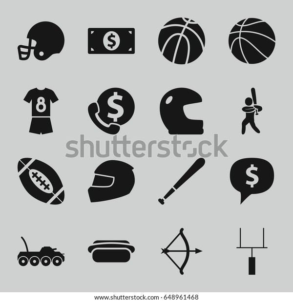 American icons set. set of\
16 american filled icons such as hot dog, baseball player, goal\
post, helmet, football uniform, baseball bat, basketball, money\
dollar, bow