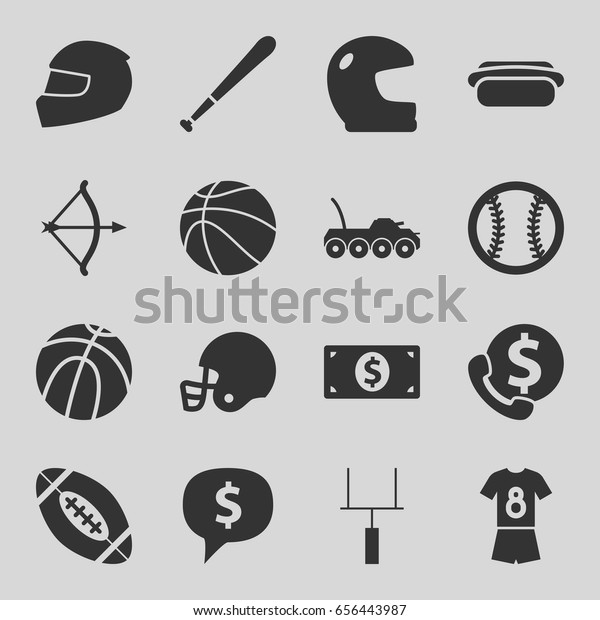 American icons set. set\
of 16 american filled icons such as hot dog, goal post, helmet,\
football uniform, baseball, baseball bat, basketball, money dollar,\
bow, military car