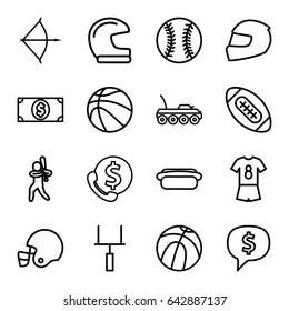 American Icons Set. Set Of 16 American Outline Icons Such As Hot Dog, Money Dollar, Bow, Military Car, Baseball Player, Goal Post, Helmet, Football Uniform, Baseball