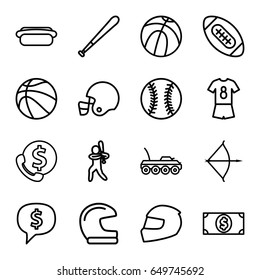 American Icons Set. Set Of 16 American Outline Icons Such As Hot Dog, Money Dollar, Bow, Military Car, Baseball Player, Helmet, Football Uniform, Baseball, Baseball Bat