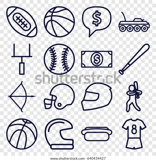 American icons set. set of 16\
american outline icons such as hot dog, money dollar, bow, military\
car, baseball player, goal post, helmet, football uniform,\
baseball