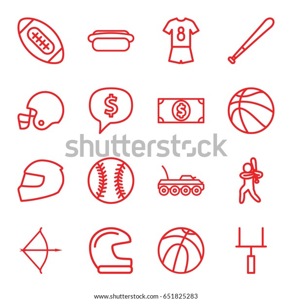 American icons set. set of 16\
american outline icons such as hot dog, money dollar, bow, military\
car, baseball player, goal post, helmet, football uniform,\
baseball