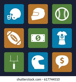American icons set. set of 9 american filled icons such as goal post, helmet, football uniform, baseball, money dollar