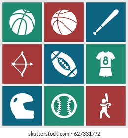 American icons set. set of 9 american filled icons such as baseball player, football uniform, baseball, baseball bat, american football, basketball, bow