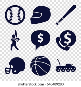 American icons set. set of 9 american filled icons such as baseball player, helmet, baseball, baseball bat, basketball, american football helmet, military car