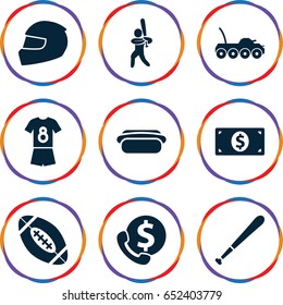 American icons set. set of 9 american filled icons such as hot dog, baseball player, helmet, football uniform, baseball bat, american football, money dollar, military car