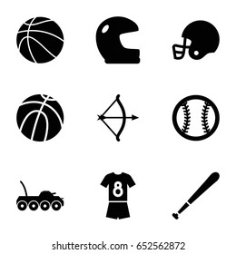 American icons set. set of 9 american filled icons such as football uniform, baseball, baseball bat, basketball, american football helmet, bow, military car