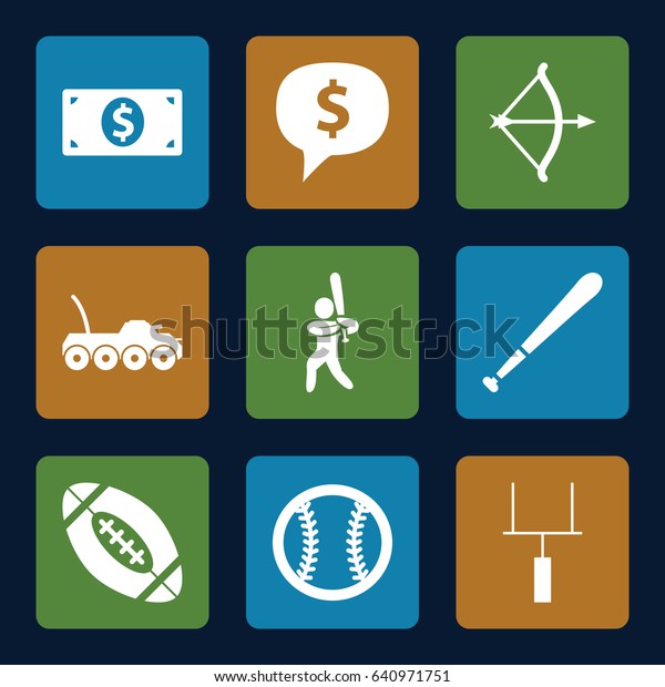 American icons set. set of 9 american
filled icons such as baseball player, goal post, baseball, baseball
bat, american football, money dollar, bow, military
car