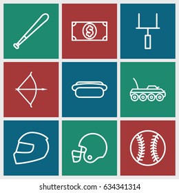 American icons set. set of 9 american outline icons such as hot dog, money dollar, bow, military car, goal post, helmet, baseball, baseball bat