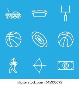 American icons set. set of 9 american outline icons such as hot dog, money dollar, bow, military car, baseball player, goal post, american football