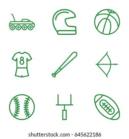 American Icons Set. Set Of 9 American Outline Icons Such As Bow, Military Car, Goal Post, Football Uniform, Baseball, Baseball Bat, American Football, Basketball