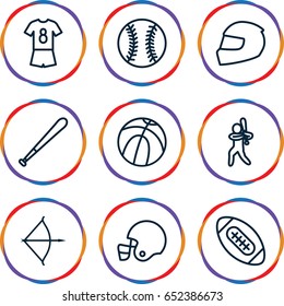 American icons set. set of 9 american outline icons such as bow, baseball player, helmet, football uniform, baseball, baseball bat